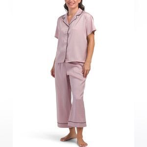 BCBG S-XL Pink Black Textured Satin Short Sleeve Notch Collar Top Pants PJ Set